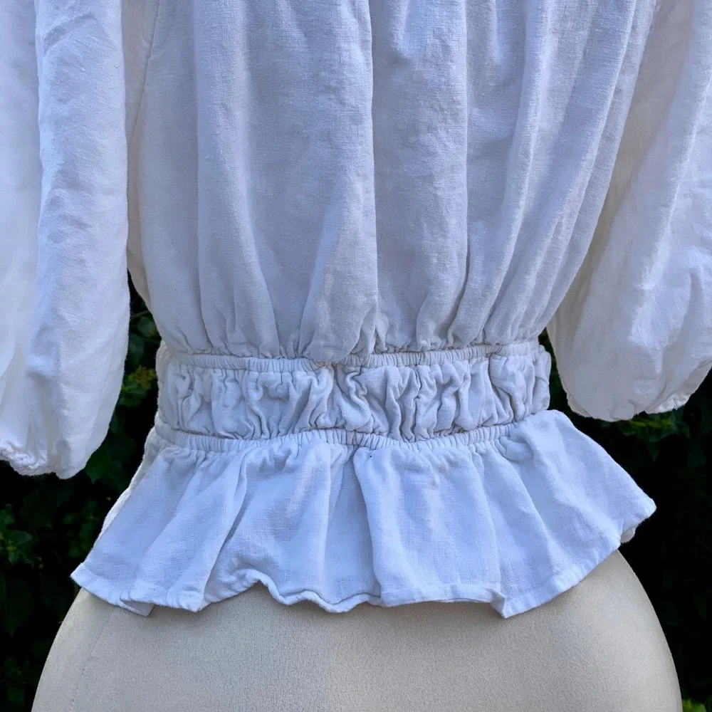 Abercrombie & Fitch Boho White Linen Blend Peplum Top Puff Sleeve Ruched - Large